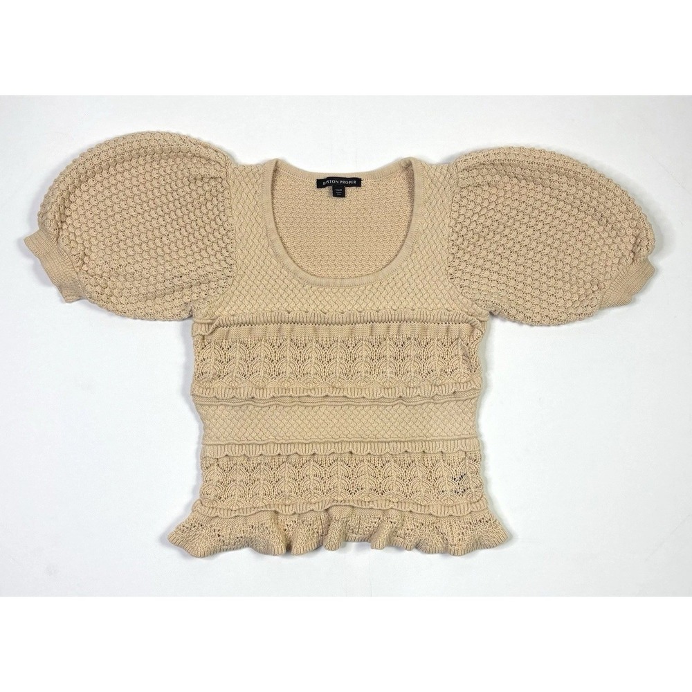 Boston Proper Top Women's Medium Beige Crochet Knit Puff Sleeve Ruffle Boho
